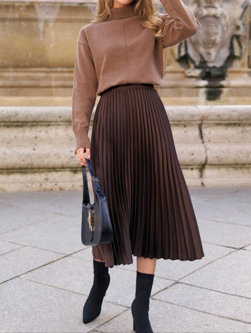SHEIN Brown Pleated Midi Skirt with Side Zipper – Elegant A-Line Large